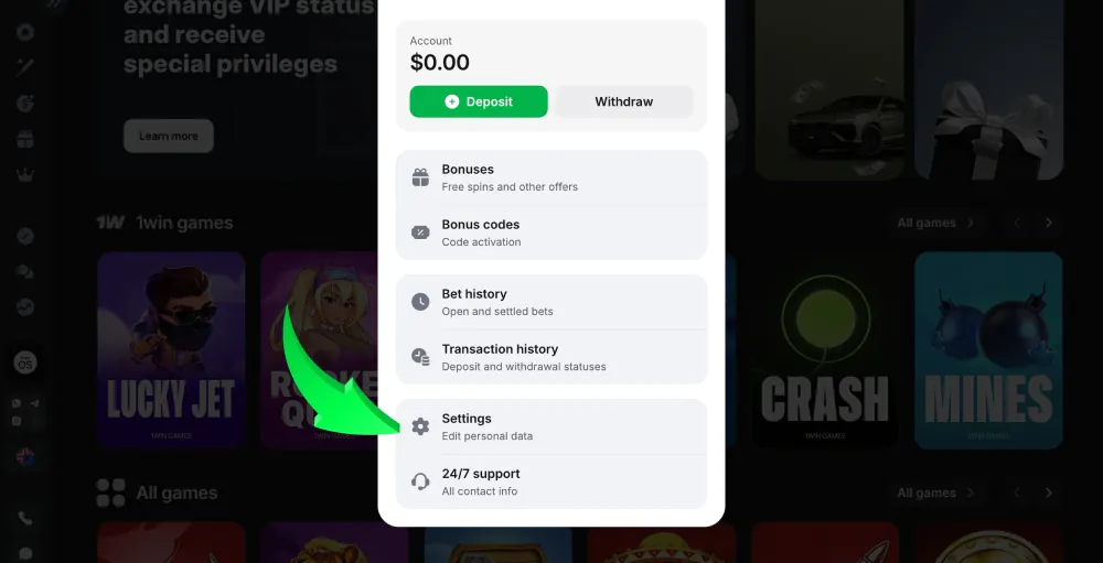 open 1Win account settings